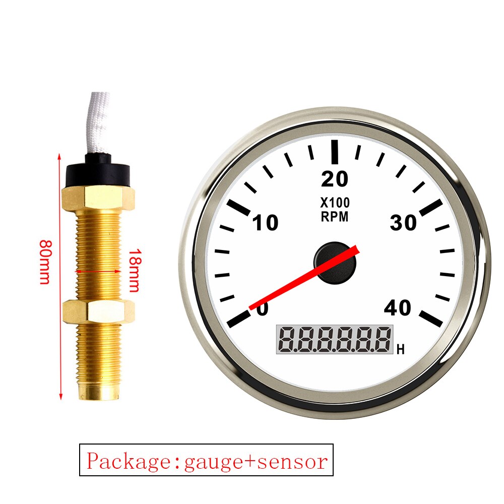 85mm Gauge Car Boat M16/M18 Tacho Sensor Marine Tacho Meter with LCD Hourmeter 4000 RPM Boat Tachometer 12V/24V Red Backlight: WS M18 sensor