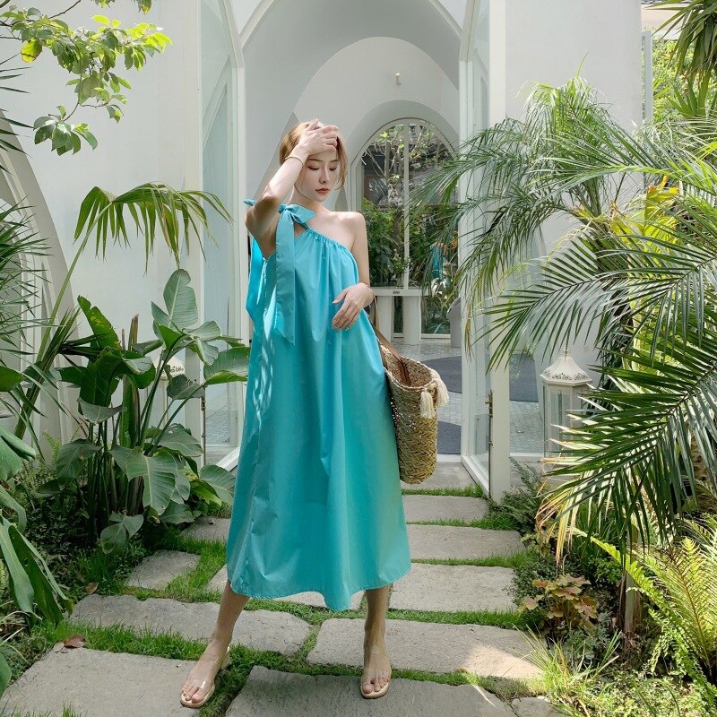 Vestido suelto de un hombro para mujer, ropa de vacaciones de Color sólido sin mangas, Espalda descubierta, ropa de diario Harajuku, de verano, S-XL