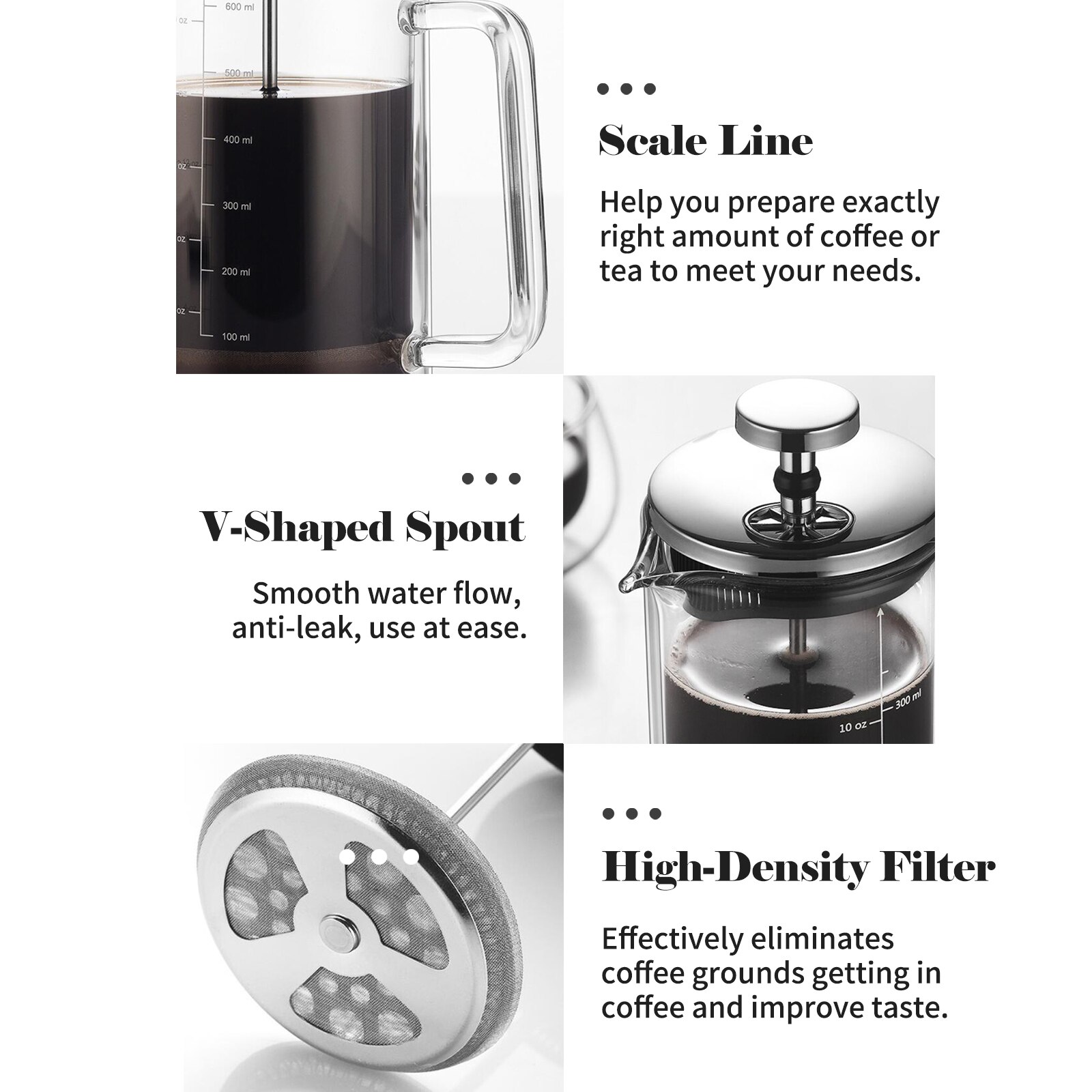 Cafetera francesa de doble pared, cafetera de vidrio de borosilicato resistente al calor, filtro de acero inoxidable de alta densidad, 20oz /10oz