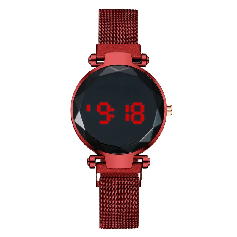Reloj LED de lujo para mujer, pulsera magnética, collar, pendientes, anillo, reloj de vestir Digital de oro rosa, reloj de pulsera de cuarzo para mujer: Rojo