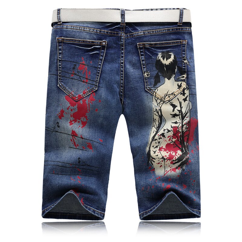 Sokotoo mænds tiger og pige print jeans mandlig knælængde slank lige stretch denim shorts capri