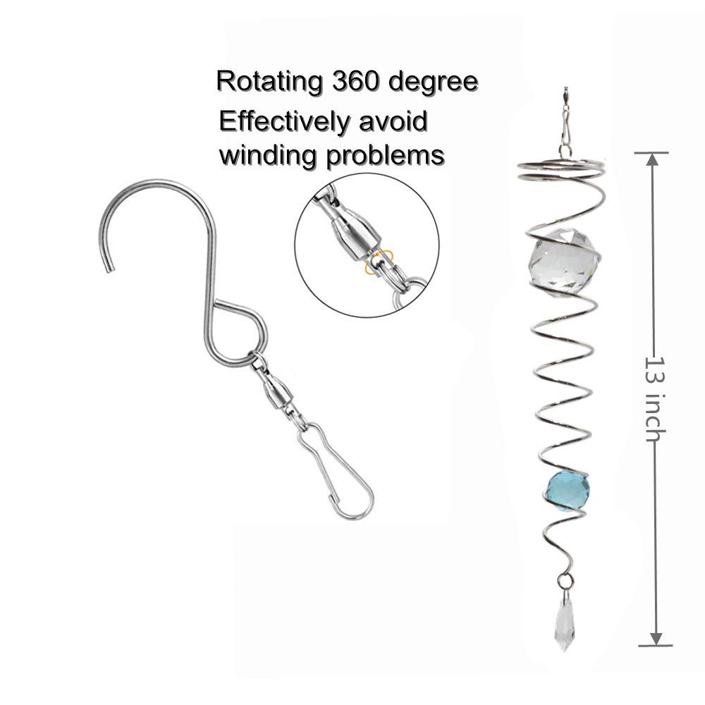 Gazing Ball Spiral Tail Wind Spinner Indoor Outdoor Decoration Stainless Steel Crystal Glass Ball with Hanging Swivel Hook