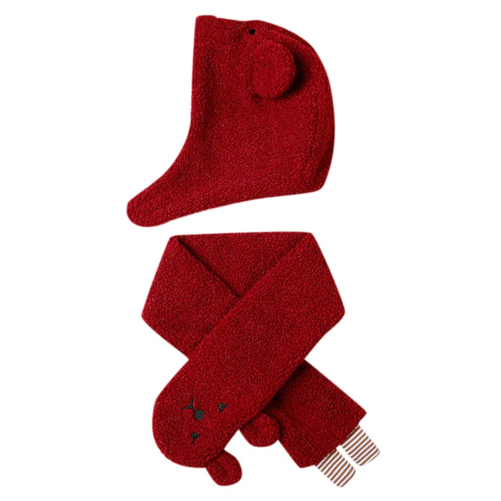 Unisex Cute Baby Cartoon Bear Hat Winter Toddler Boy Girl Solid Knitted Children Lovely Warm Soft Hat+Scarf Two Piece Set: Wine