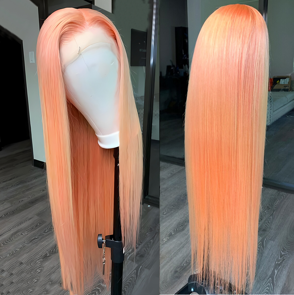 Perruque Lace Front Wig synthétique Orange clair, cheveux longs et lisses, naissance des cheveux naturelle, sans colle, pour femmes, usage quotidien, perruques de Cosplay Orange: 22 pouces