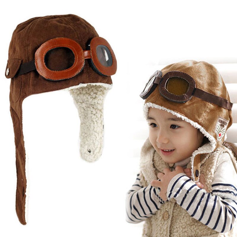 Vinter varm baby toddler drenge piger børn pilot flyver hatte unisex justerbar ensfarvet cap hat beanie brun sort