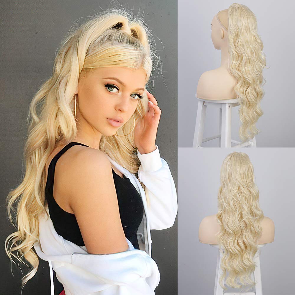 Stamped Glorious Synthetic Drawstring Ponytail Long Wavy Ponytail Hair Clip in Hairpiece Black Wavy Ponytail for Black Women