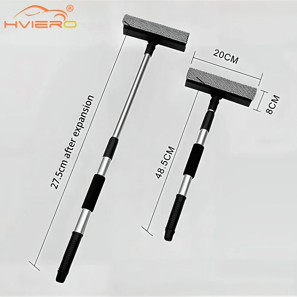 Limpador de carro retrátil, cabo longo, dupla face, multifuncional, aço inoxidável, escova de janela, limpador de vidro, raspador, esponjas, ferramentas