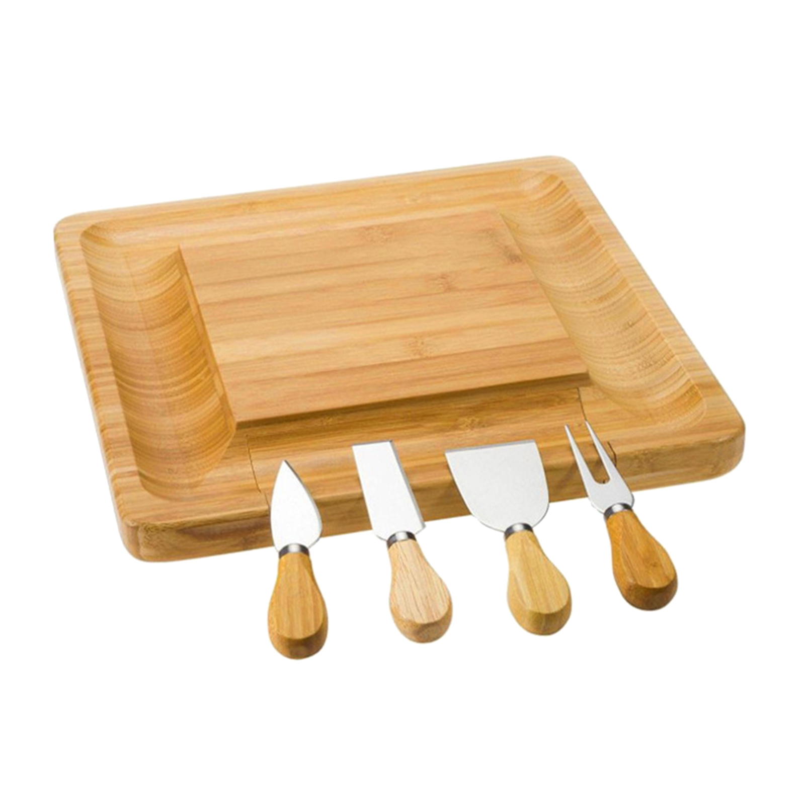 Square Bamboo Cheese Board Platter &amp; Knife Set Slide-Out Drawer