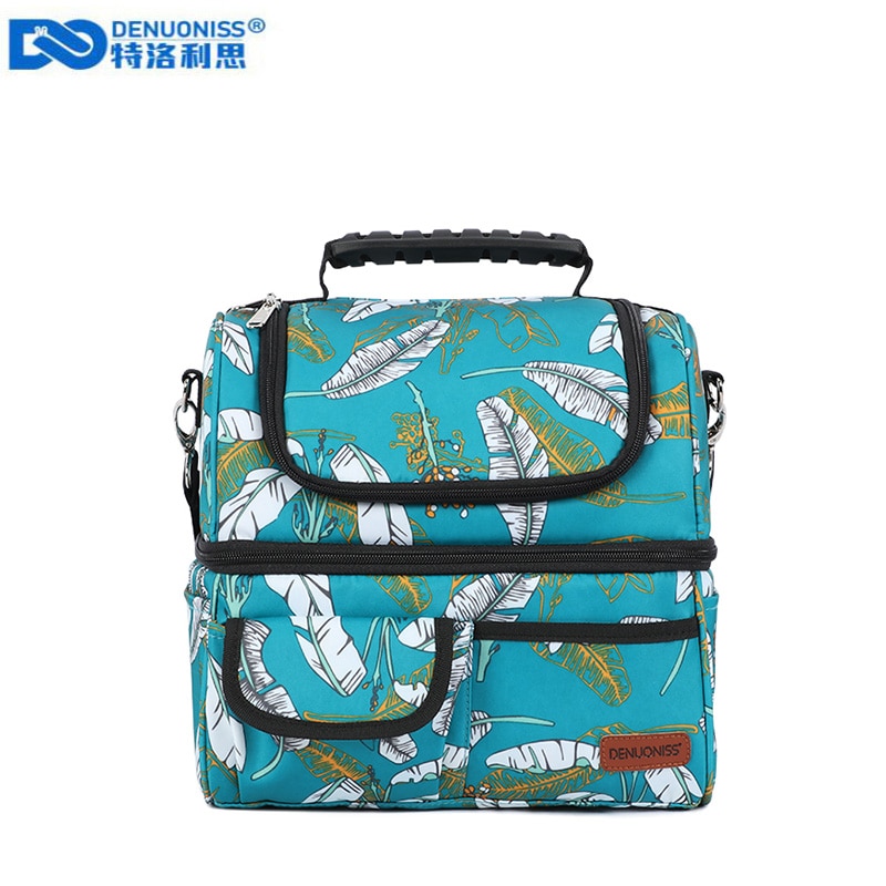 DENUONISS Druck Frauen Mittagessen Tasche Faltbare Tragbare Damen 2 Fach Picknick Tasche Isolierte Thermische Kühltasche Für Lebensmittel