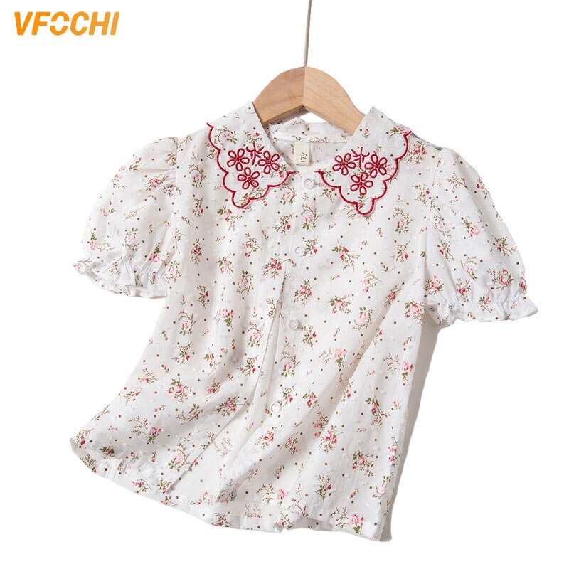 Vfochi piger bluse sommer børn toppe ren bomuld piger kortærmet skjorte børn bryllup tøj baby pige top t-shirts