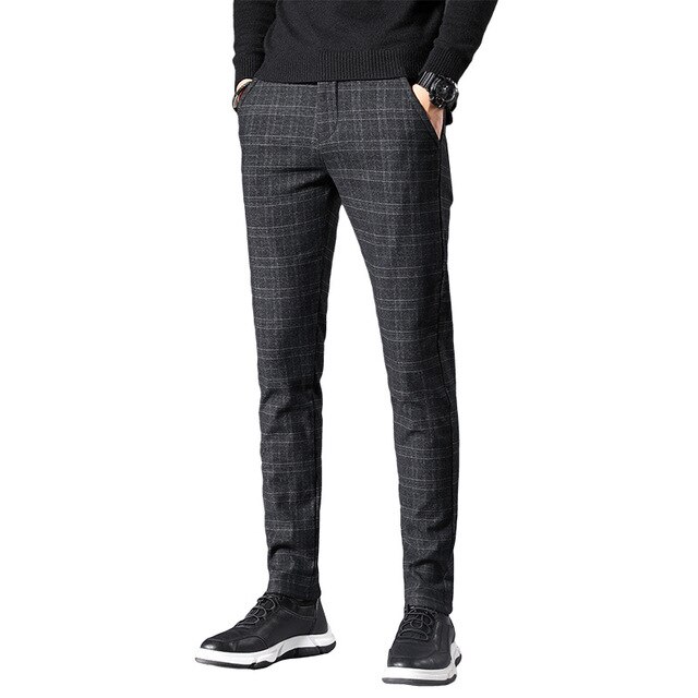 Herfst Lente Pak Broek Mannen Slim Fit Zwart Grijs Plaid Formele Jurk Broek Plus Size Business Casual Heren broek