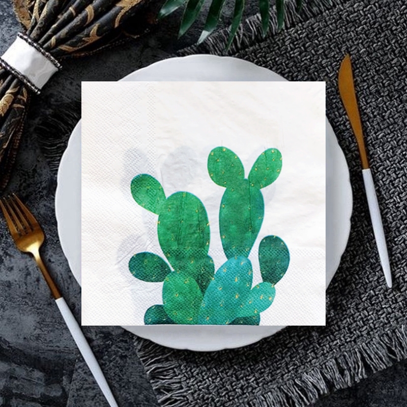 20/8Pcs Mix Bag Vintage Cactus Flowers Decoupage Paper Napkins Fruits Cholla Paper Serviettes for Xmas Birthday Party Tableware: light green