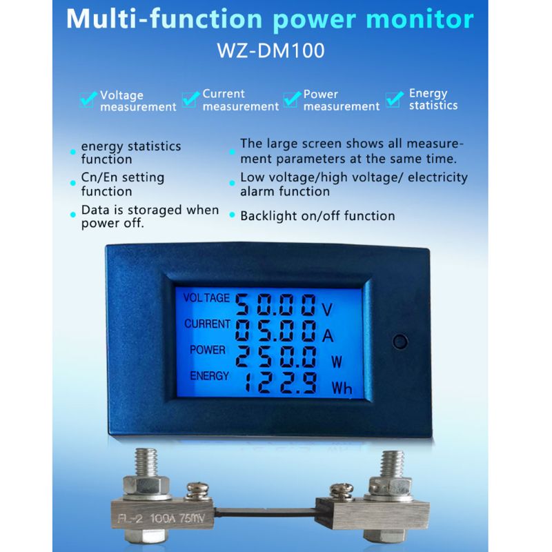 DC 7.5-100V 100A 10kW Power Energy Meter Wattmeter Electrical Panel Gauge Monitor Digital Display Volt kwh Watt Amp