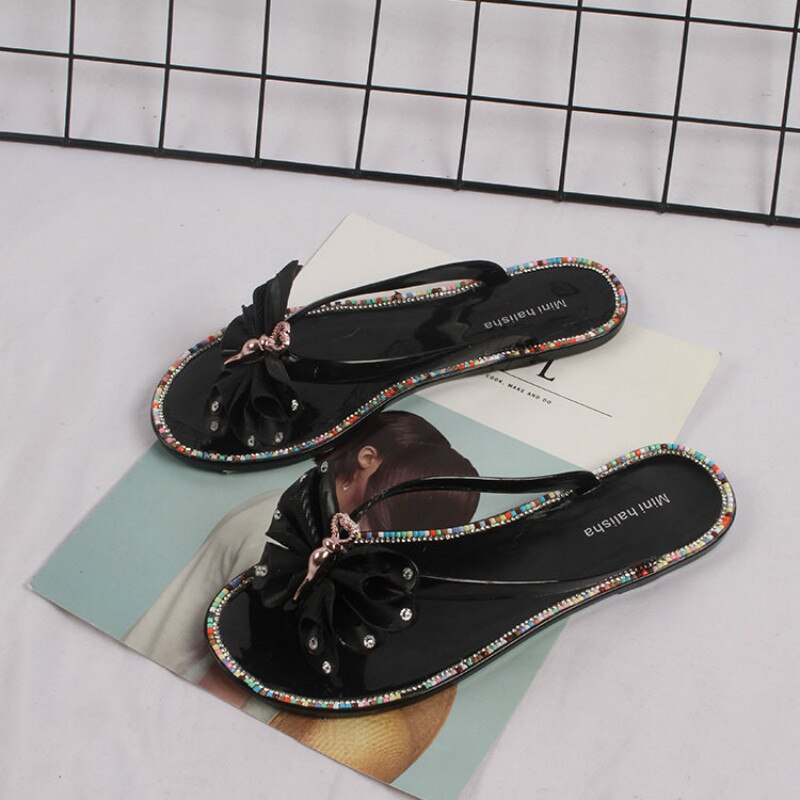 Zomerstrand damesschoenen voor dames, kleurrijke kristallen vlinder slippers, strandslippers voor dames, pvc slippers: Zwart / 36
