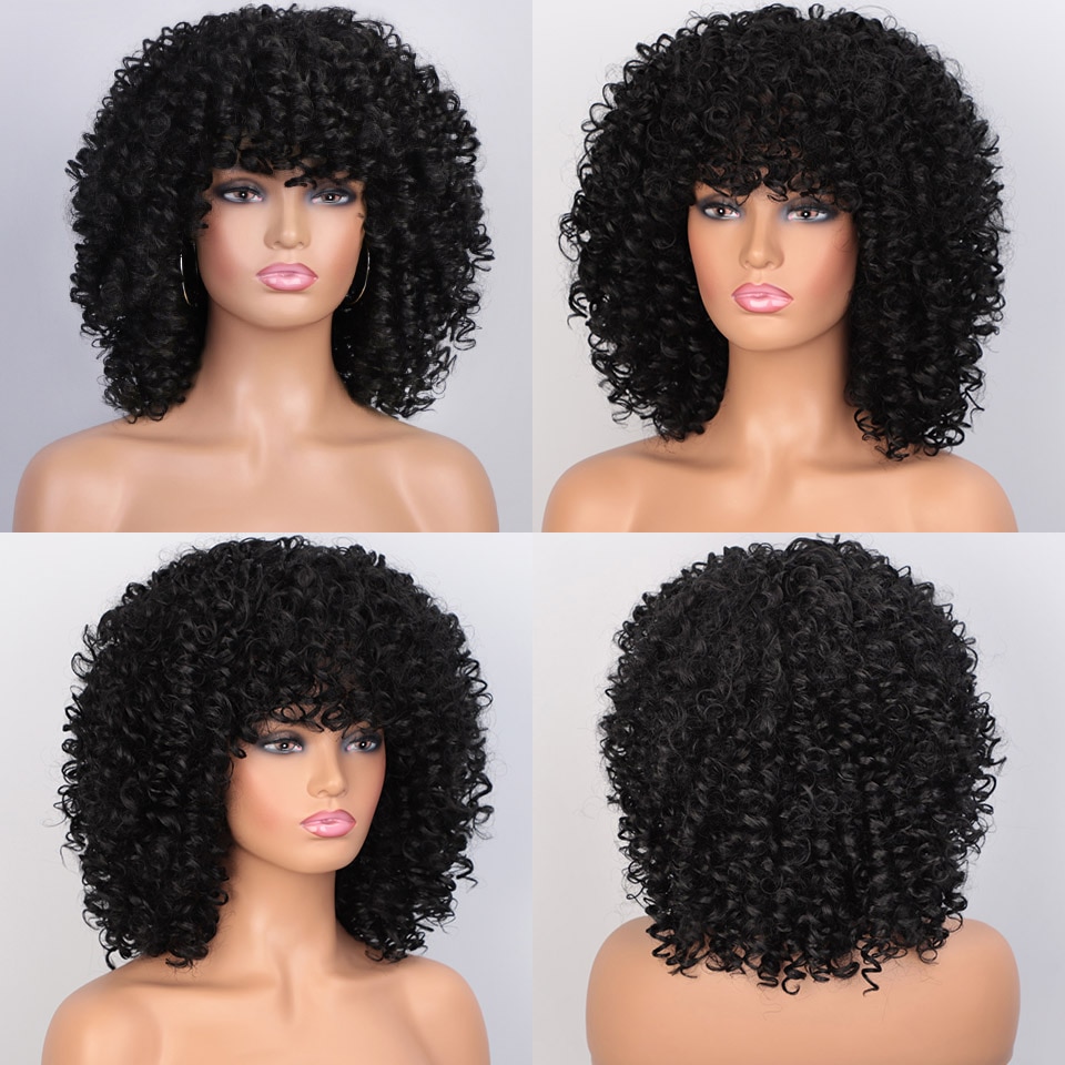I's a wig Afro Kinky Curly Wig Short Black Synthetic Wigs with Bangs for Black Women Brown Natural Afro High Temperature Hair