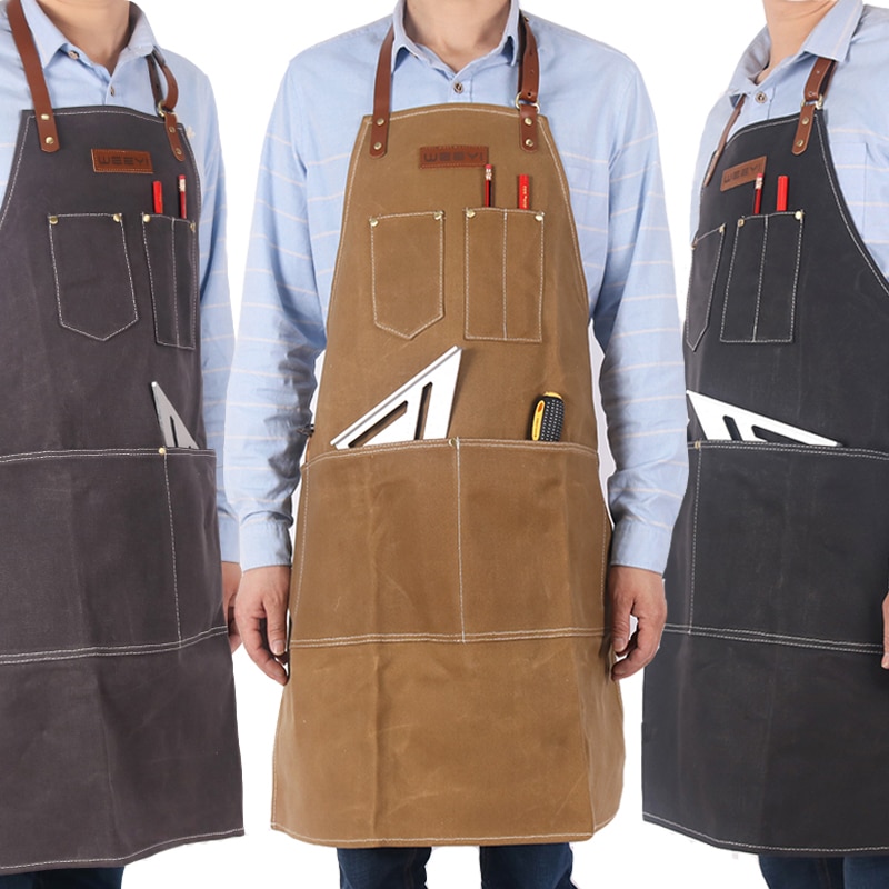 WEEYI delantal de lona encerado pesado Vintage para Barbero carpintero con correa de cuero mujeres hombres trabajo delantal BBQ Grill delantales delantal