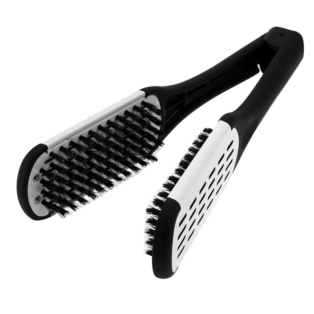 Naturlig keramisk krydsfiner glattekam dobbeltsidet frisørbørste klemme fiber styling hårplejeværktøj hår glattejern: Hvid