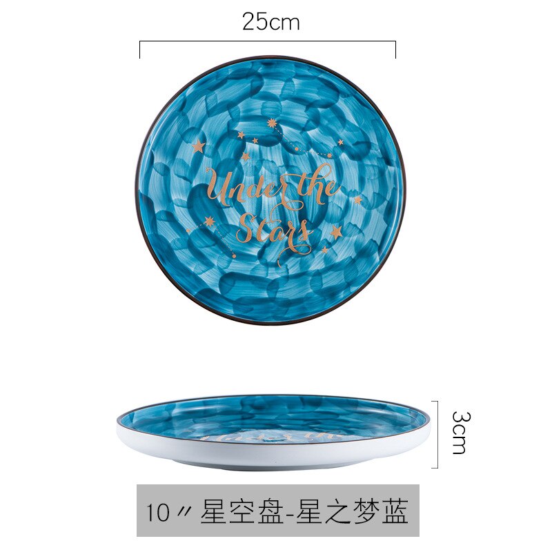 Assiettes de service ciel étoilé série étoiles, plateau de vaisselle en céramique pour Steak Spaghetti plateau rond peu profond, vaisselle de fête: 10 inch blue
