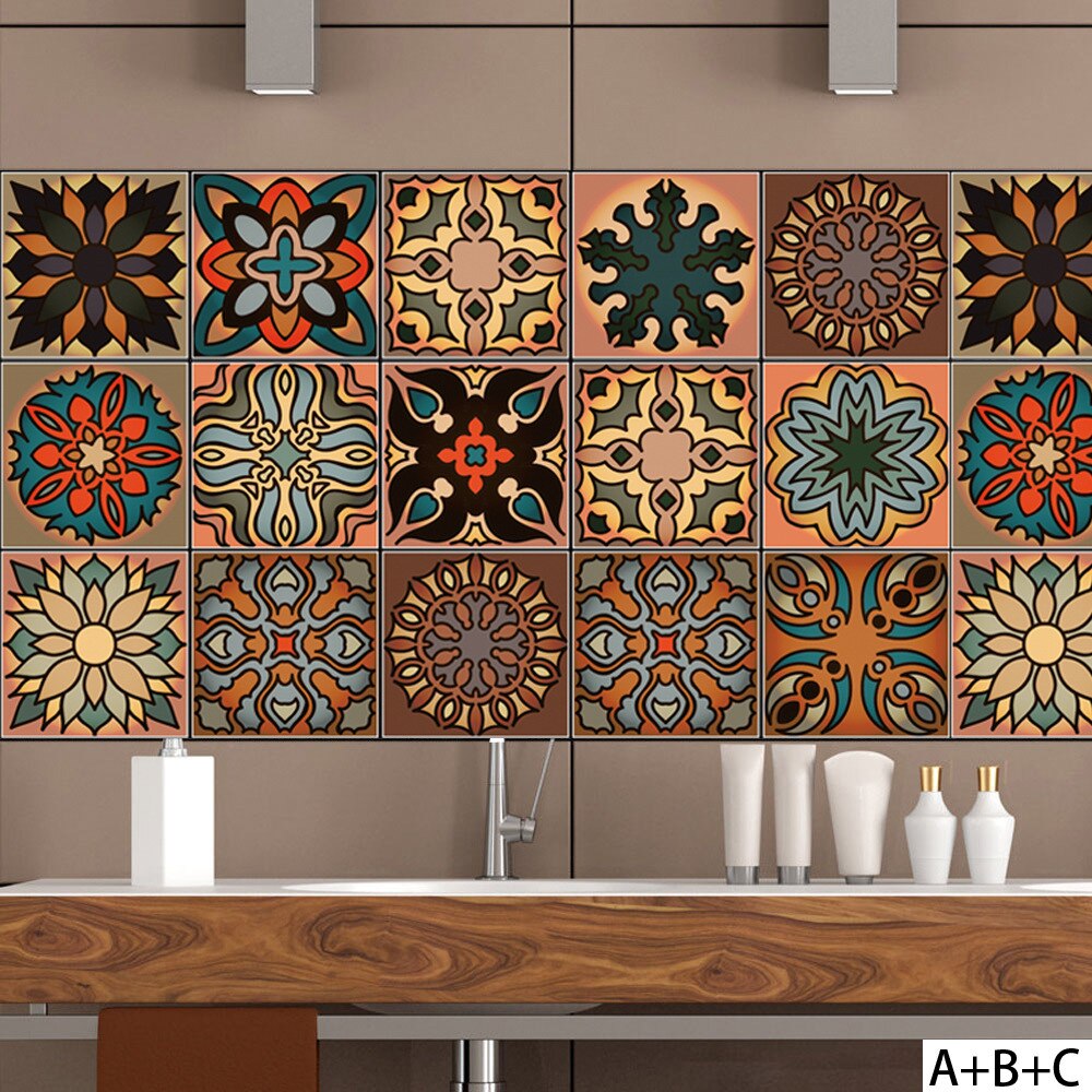 Arabic Retro Tiles Stickers PVC Vinyl Waterproof Self Adhesive Wall Sticker for Kitchen Bathroom Vintage Wallpaper Contact Paper