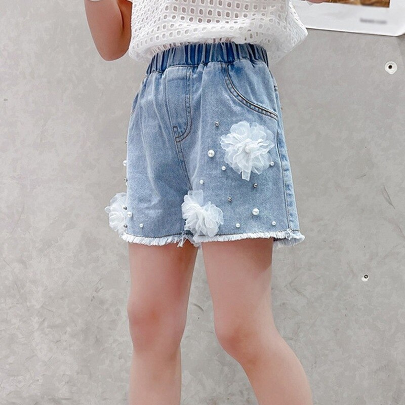 Baby Meisje Jeans Prinses Elastische Taille Parel Kant Bloem Denim Shorts Party Kid Kinderen Zomer Kleding Voor Meisje