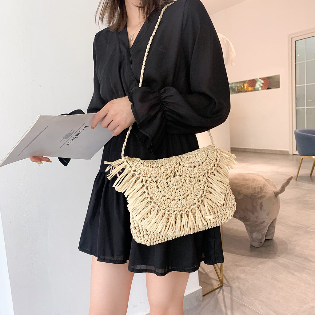 Rattan saco crossbody do vintage tecer bolsa crossbody bolsa de ombro bolsa de ombro bolsa de borla semicircular hasır canta