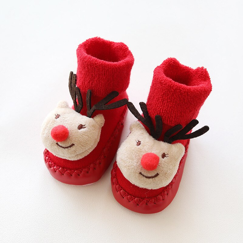 Winter Born Baby Christmas Socks Rubber Soles Skid Resistant Indoor Socks Warm Thick Toddler Girl Sock Shoes Year: Brownfawn / 12CM