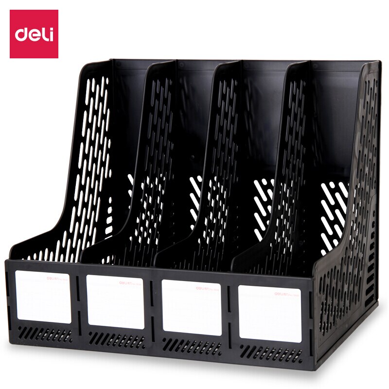 Deli Four-joint Openwork Desktop File Box Four Columns with Label Stable File Tray Desk Organizer Office School Supplies: Black