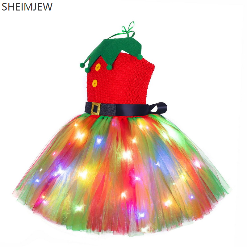 Christmas Elf Cosplay Dress Xmas Red And Green Princess Tutu Led Light Sequin Rainbow Ballet Suits Christmas Birthday Party