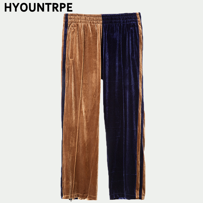 Bunn glidelås fløyel bukser med brede ben herre side skjøtet stripe rett bukse løs tilfeldig elastisk midjebukser hip hop streetwear: Brun / Xl