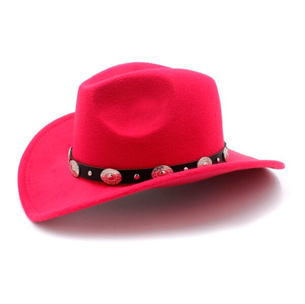 LUCKYLIANJI 100% filc wełniany dzieciak dziecko zachodni kapelusz kowbojski z szerokim rondem punkowa skórzana czapka jazzowa (rozmiar: 54cm regulacja liny): róża