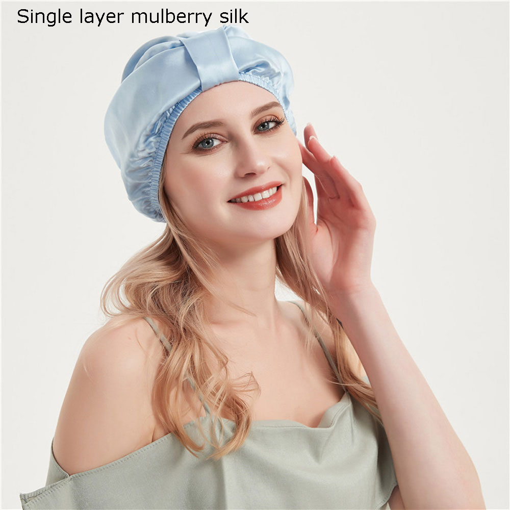 100% puro seda amoreira elástica noite boné amoreira seda envoltório de cabelo dormir gorro para mulher 19 momme sleeping cap único/duplo: Light blue 01