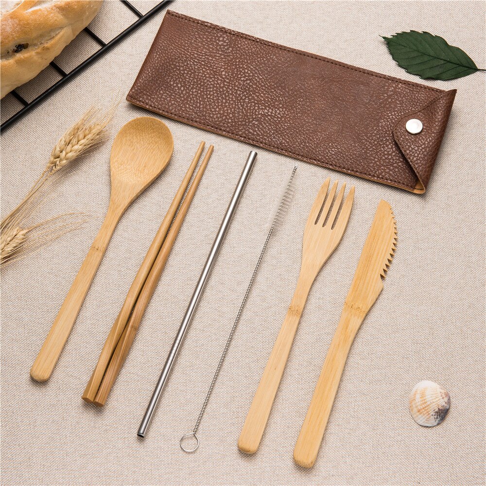 7pcs Reizen Bestek Hout Draagbare Servies Set Houten Bestek Sets Reizen Serviesje Pak Milieu met Doek Bag: 7pcs set0013