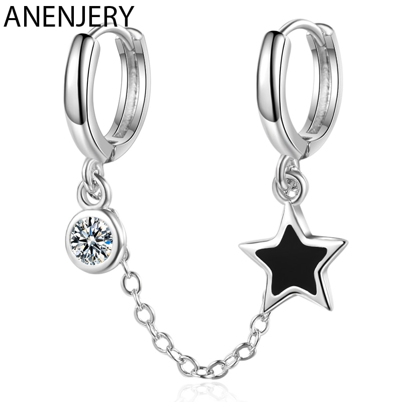 ANENJERY Silver Color Copper Double Ear Hole Hoop Earring Zircon Glaze Star Tassel Chain Earrings For Women S-E1056