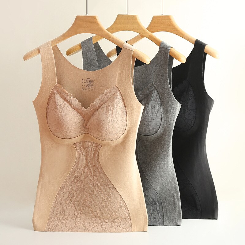 Thermal Underwear Women Fall/winter Wear With Chest Pad Lace Wide-shoulder Vest &amp; Polyester Fiber Velvet Heating &amp; Warm Vest