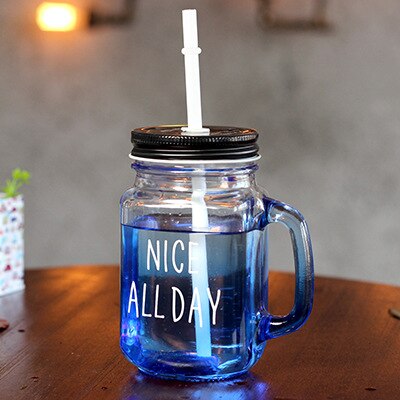 Gradient blå bokstav glas murare burk mugg med lock och sugrör kall dryck kaffe sallad smoothie kopp vatten glas kopp: 3