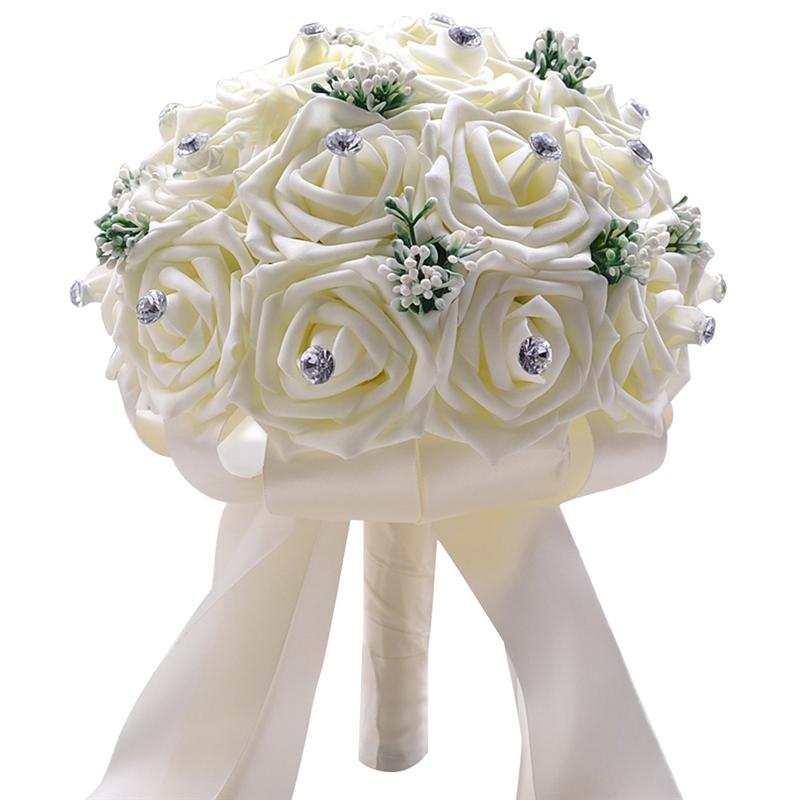 Handgemaakte Kunstmatige Foam Bloemen Boeket Simulatie Rozen Strass Bruids Toss Boeket Bruidsmeisje Boeket Voor Bruiloft: white