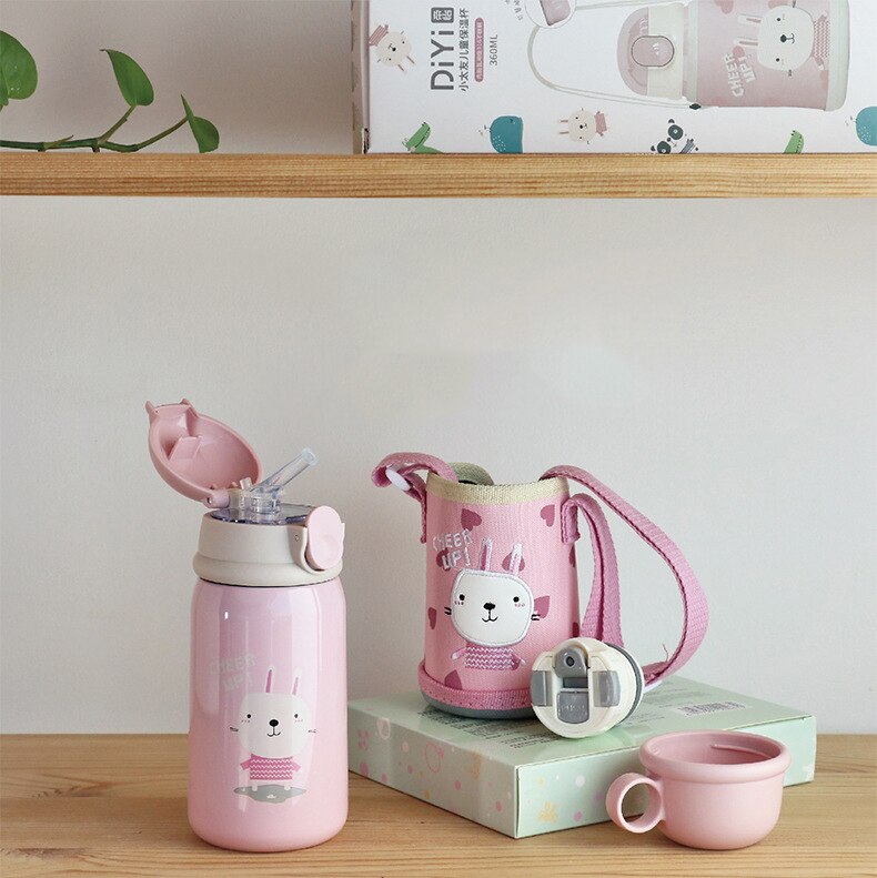 Taza de alimentación de dinosaurio para bebé, termo de leche de acero inoxidable para niños, botella de agua aislada, taza térmica con fugas, 360ml: Rosa