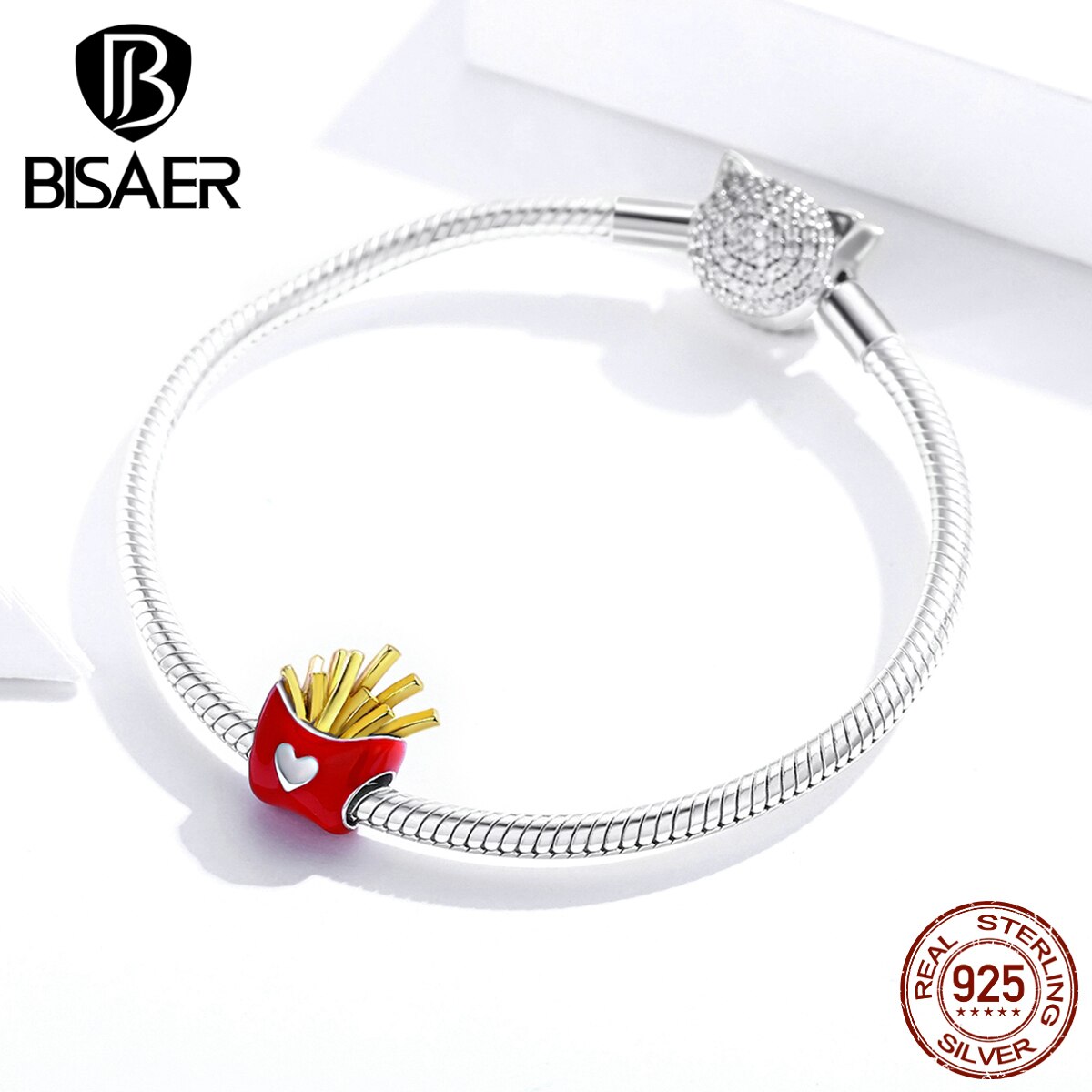 BISAER délicieuses frites breloques 925 en argent Sterling alimentaire perles pendentif pour Bracelets collier bijoux de ECC1606