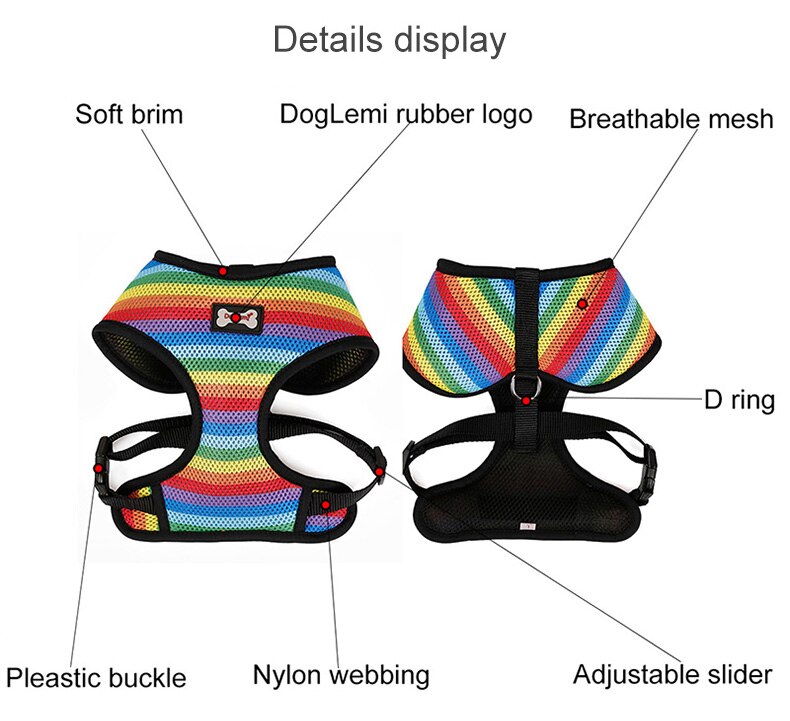 Dog Harness Met Leash Set Kleine/Medium Dog Harness Vest Wandelen Lead Met Kak Tas Regenboog Soft Air Mesh ademend Ademend