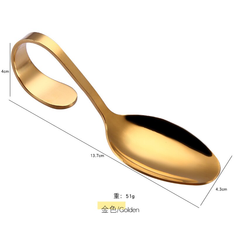 1 Pcs 304 Stainless Steel Hotel Buffet Kitchen Curved Handle Dessert Soup Spoon Cutlery Kitchen Accessories Drinking Tools: Gold