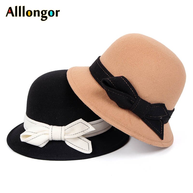 Efterår vinter derby hat kvinder sløjfe massiv grå sombrero mujer fedora hat damer formel vintage uld filt bowlerhat