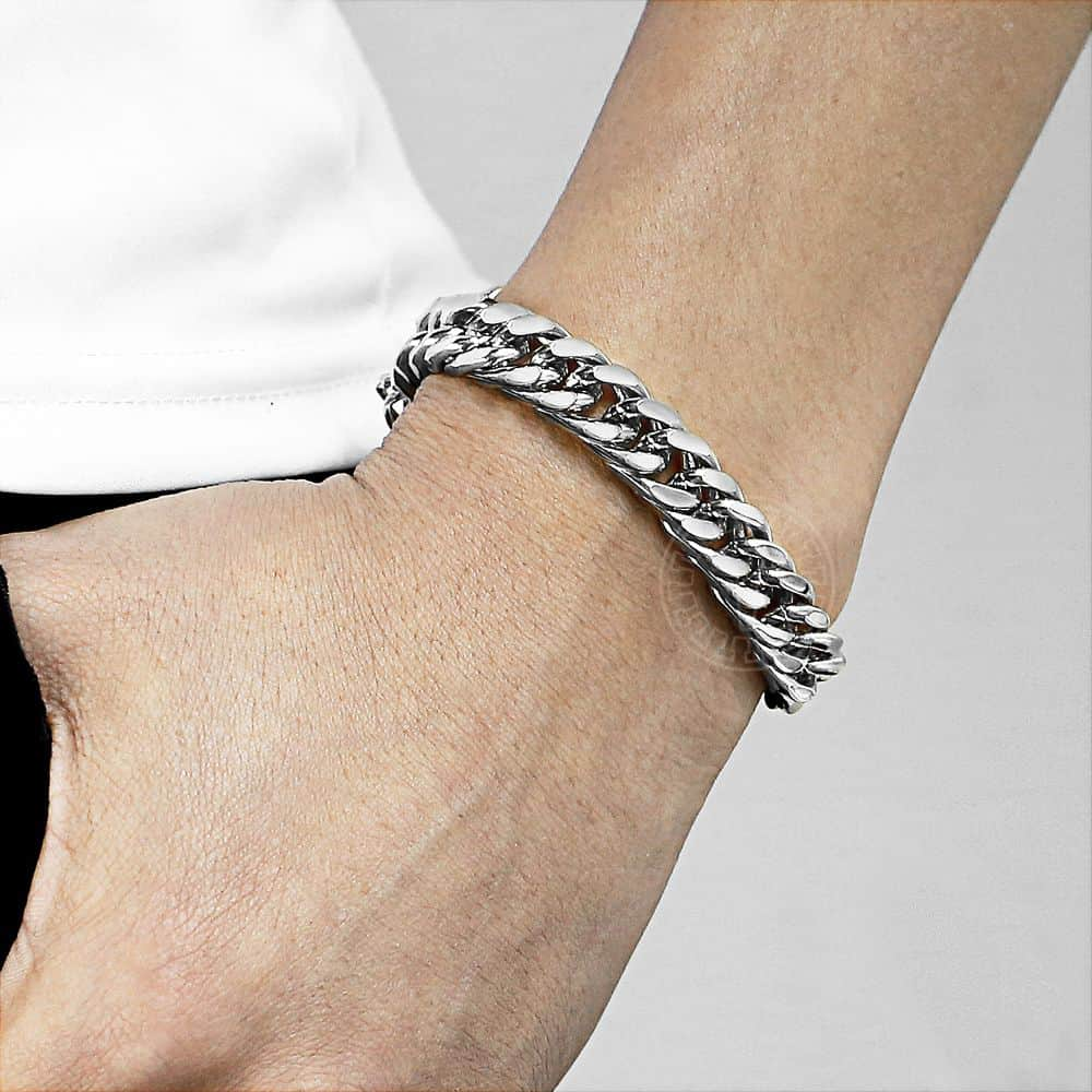 316L Stainless Steel Bracelet For Men Silver Color Tone Cut Double Curb Link Chain Rombo Mens Bracelets 10mm Wide LHB512A