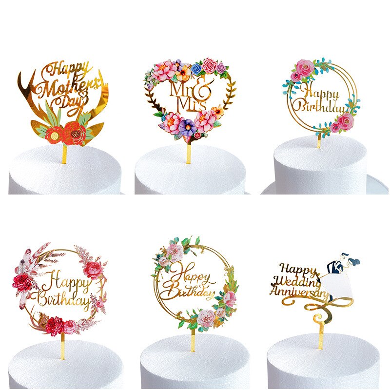 Akryl Guld Tårtdekoration Blommor - Födelsedag Dessert Dekoration för Babyshower Bakning