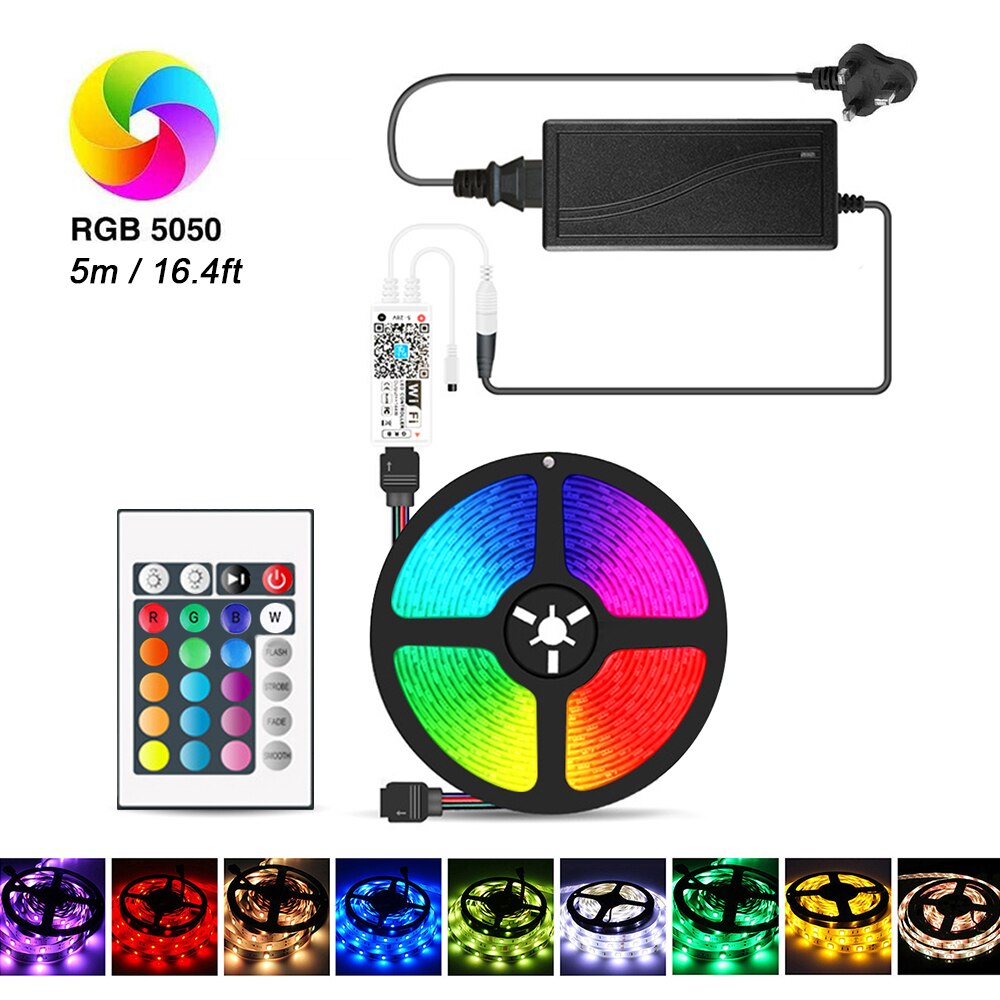RGB LED Strip Lights IR Remote Control Wi-Fi Controller Smart APP Voice Control Timer Color Changing 5050 LED Lights for Party: 150LEDs  3A / UK