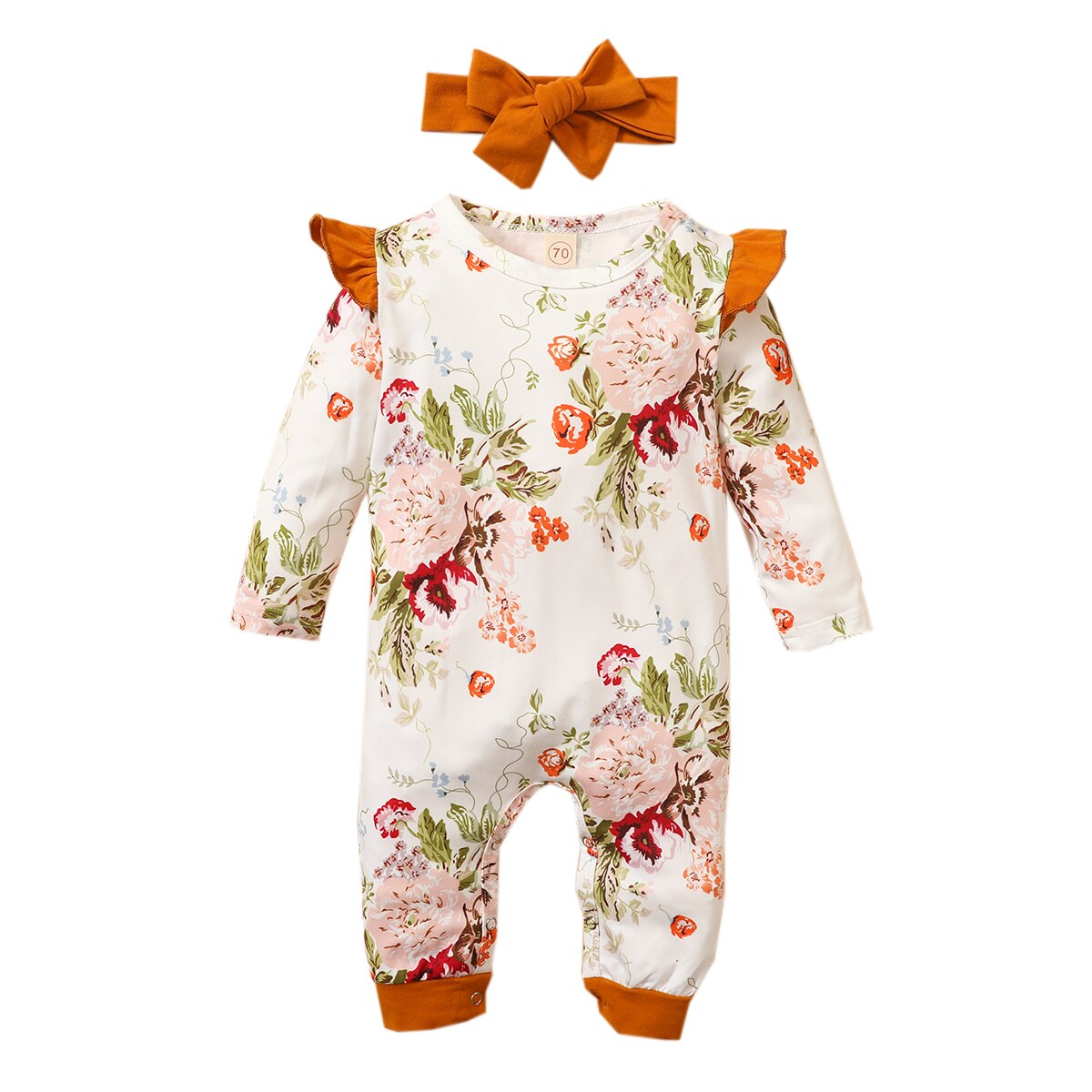 Porte-bébé 2 pièces filles garçons automne barboteuse imprimé fleuri/léopard col rond à volants manches longues combinaison + bandeau nœud: B / 18M