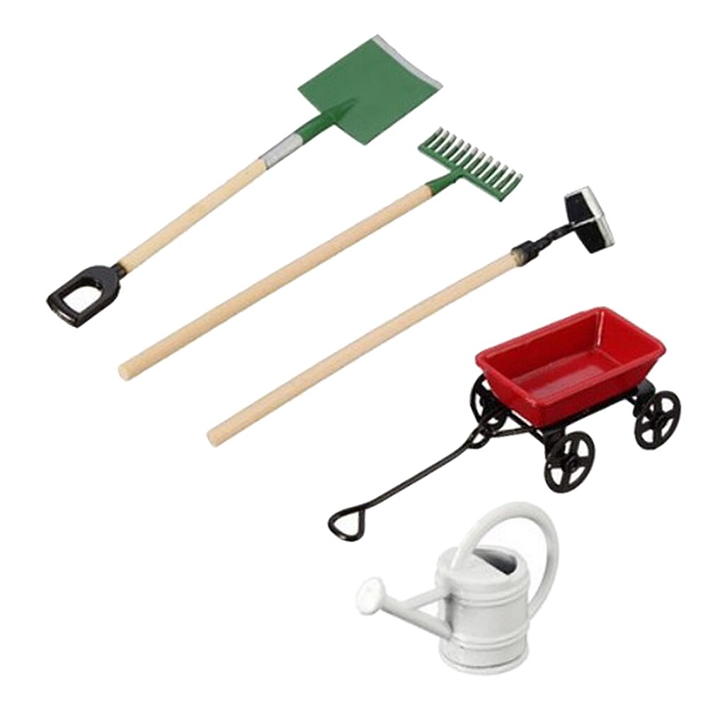 1/12 gieters + karretje + schep hark set poppenhuis tuin model