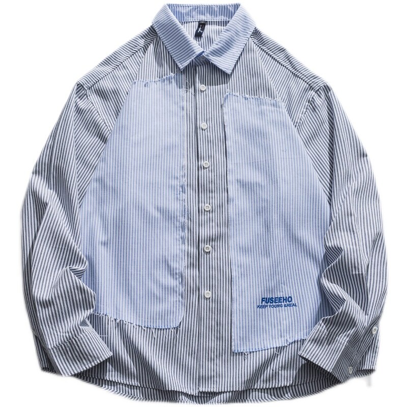 Stripe Splice Shirts Men Loose Casual Long Sleeve Shirt City Boys Girls Streetwear Korean Hip Hop Shirt Oversize: XL