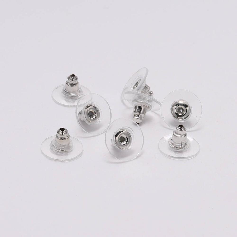 100 unids/lote de pendientes de goma con Cierre trasero de acero inoxidable, Tuercas de tuerca para pendientes, accesorios para fabricación de joyas DIY: Rhodium