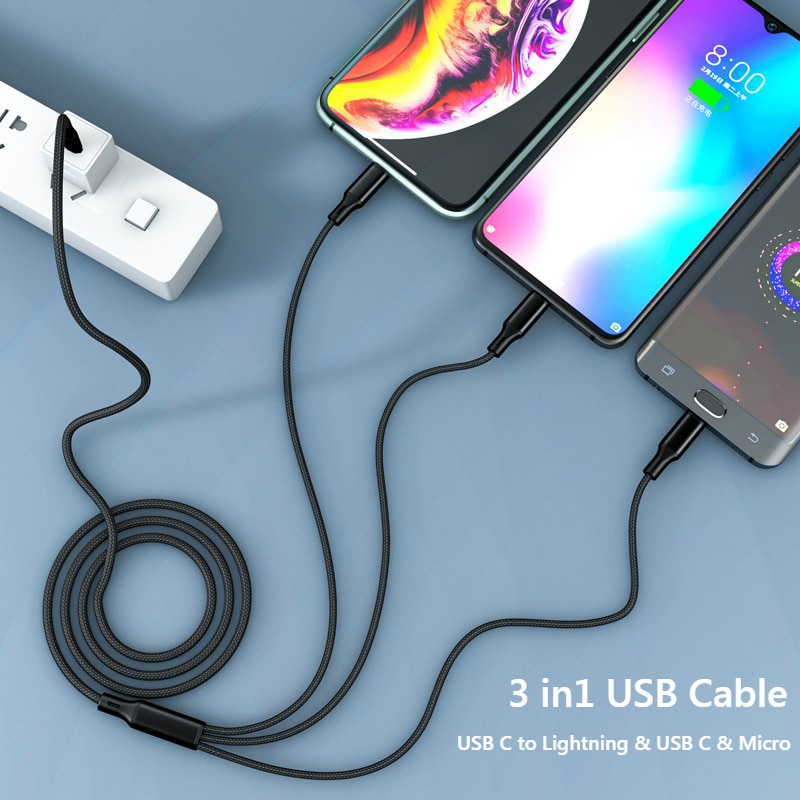 Nohon Type C to Type C 8Pin Micro 3 in 1 USB Cable For iPhone Samsung Huawei Xiaomi 3in1 USB C to Lightning Charging Cables Cord