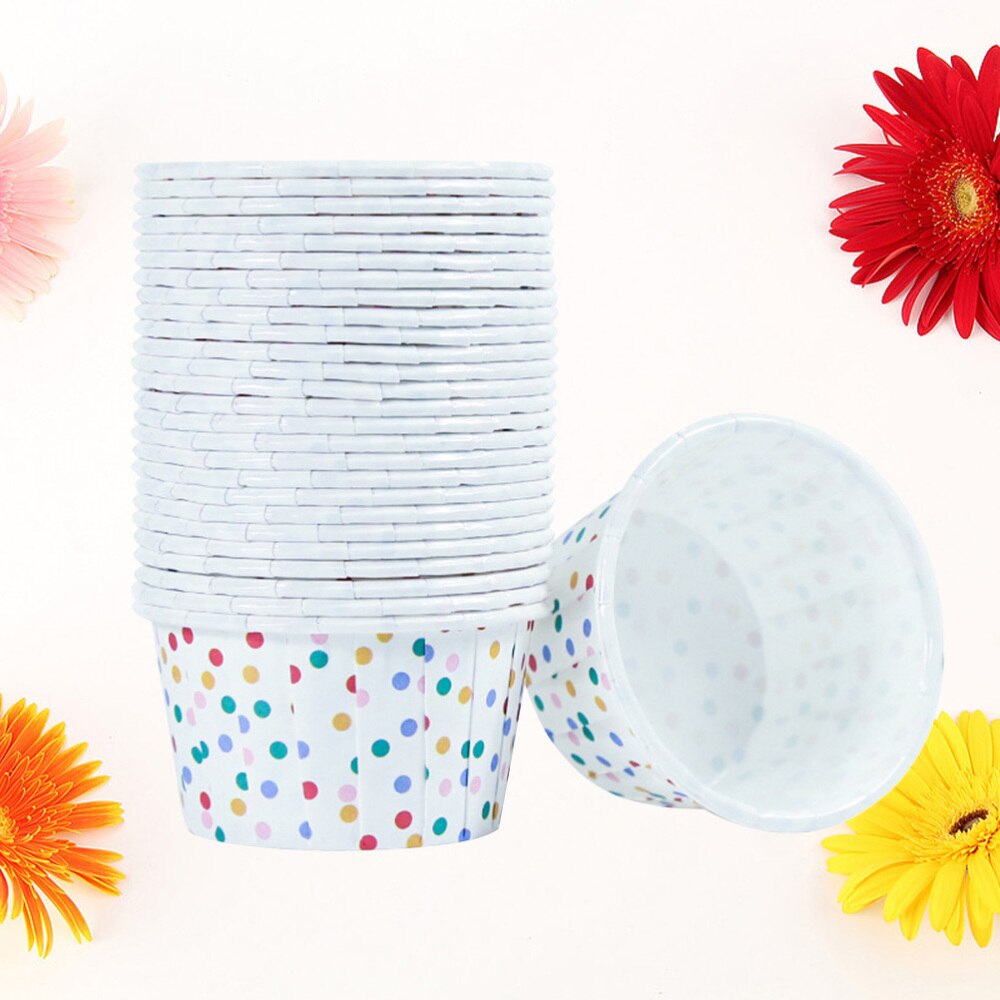 100 stücke Papier Eis Tassen Einweg Kuchen Tasse Nachtisch Schalen Partei Liefert für Backen Hochzeit Geburtstag (Bunte Punkte)